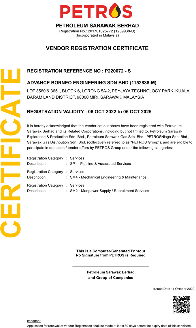 Petros Vendor Registration Certificate